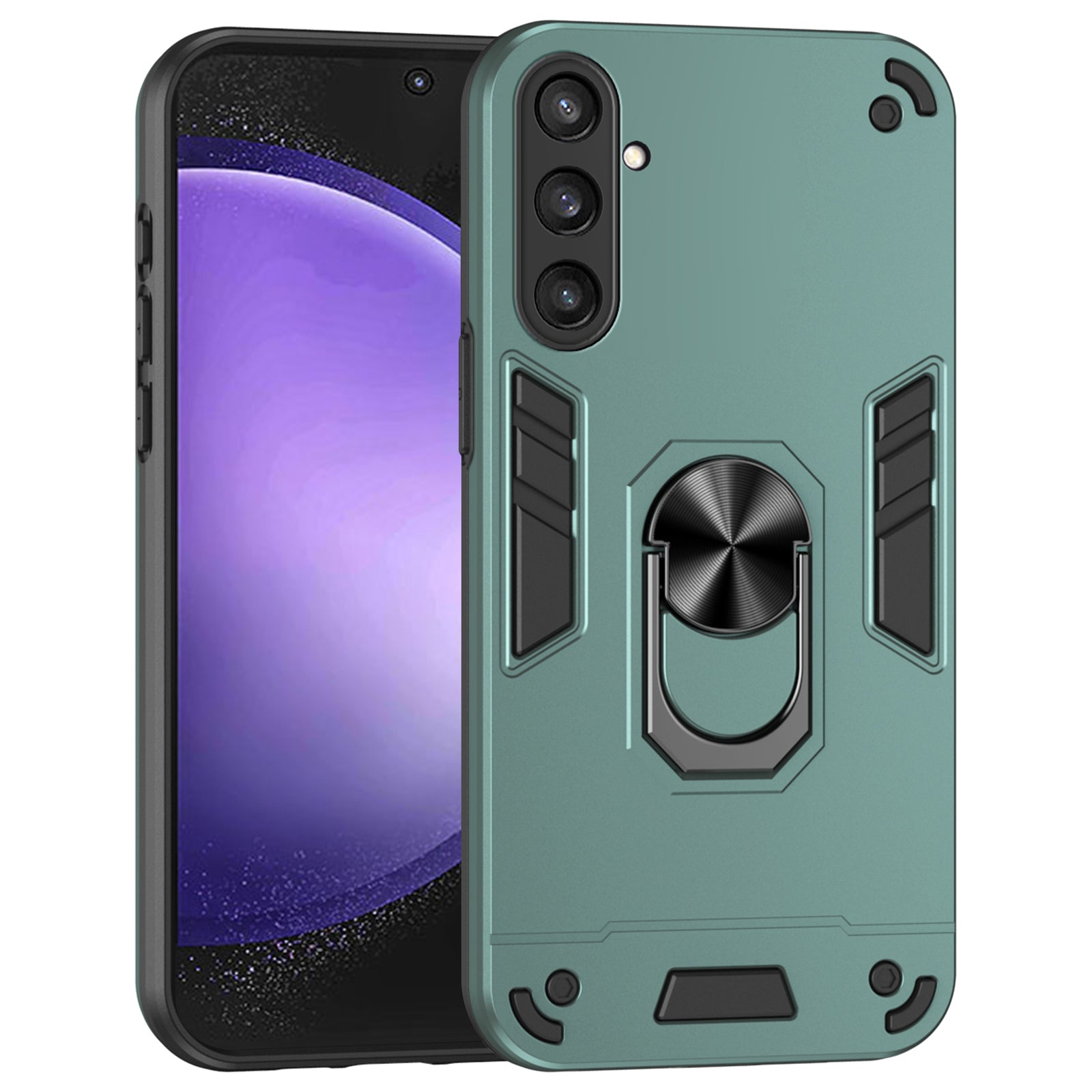 Phone Case for Samsung Galaxy S23 FE Cover Shockproof PC+TPU Rotating Ring Kickstand Shell - Green Phone Case for Samsung Galaxy S23 FE Cover Shockproof PC+TPU Rotating Ring Kickstand Shell - Green